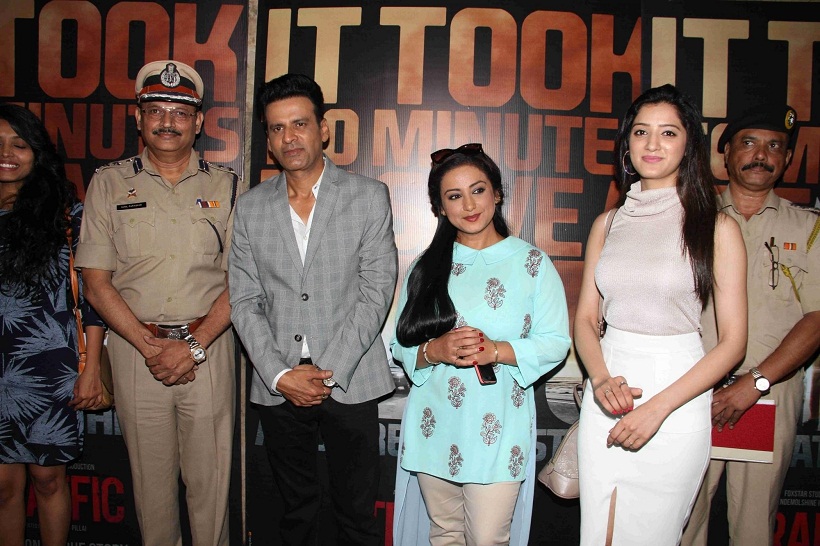 Mumbai: Additional Commissioner of Traffic Police, Sunil Paraskar, Manoj Bajpayee, Divya Dutta and Richa Panai during the trailer launch of film Traffic in Mumbai, on April 13, 2016. (Photo: IANS)