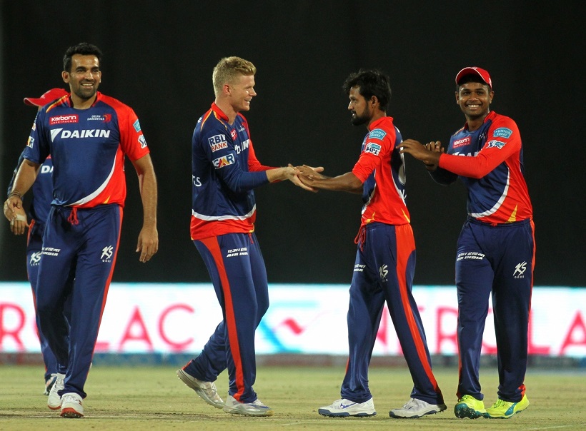 Rajkot: Delhi Daredevils celebrate fall of a wicket during an IPL match between Gujarat Lions and Delhi Daredevils in Rajkot on May 3, 2016. (Photo: Surjeet Yadav/IANS)