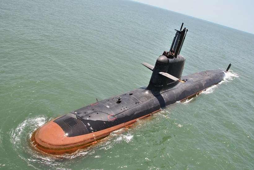 Mumbai: "Kalvari", the Scorpene class submarines, being built at the Mazagon Dock Shipbuilders Ltd Mumbai ventures into the sea for the first  time as  sea trials begin off Mumbai coast on May 1, 2016. (Photo: IANS)