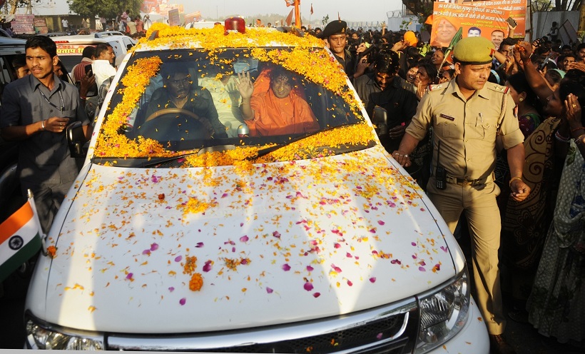 Gorakhpur: Uttar Pradesh Chief Minister Yogi Adityanath being welcomed on his arrival in Gorakhpur of Uttar Pradesh on March 25, 2017. (Photo: IANS)