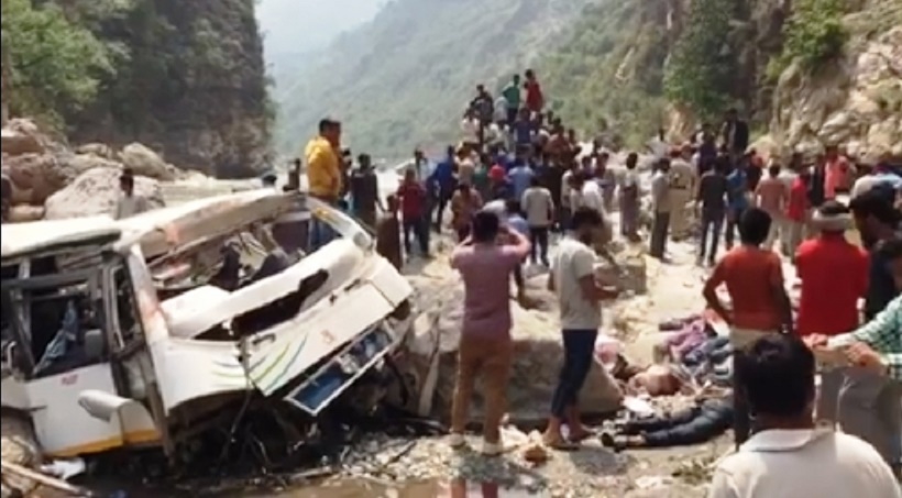 A view of the bus that fell into a river in Himachal Pradesh's Shimla district killing at least 44 passengers